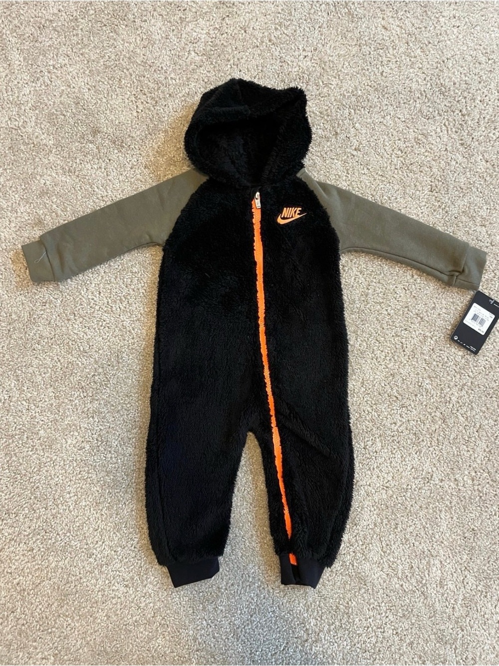 Nike Black Fleece Hooded One-Piece with Olive Sleeves and Orange Zip